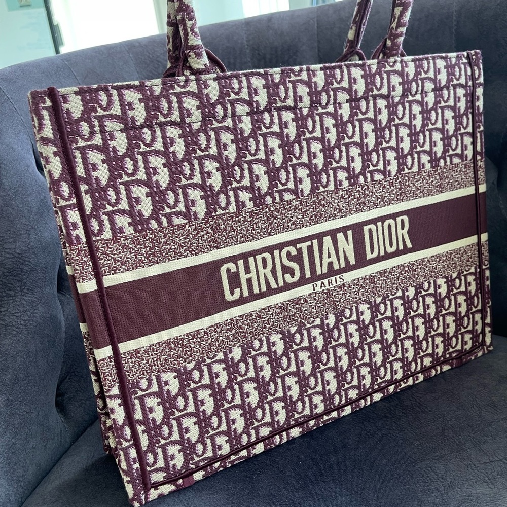 Dior Burgundy and Cream Oblique Canvas Tote